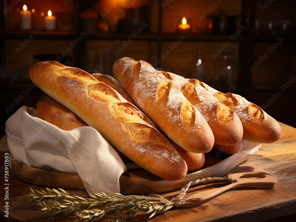Baguettes on a wooden table in a rustic kitchen.