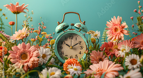 Vintage alarm clock surrounded by bright spring flowers.