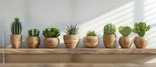 wooden pots with cacti standing on a wooden ledge