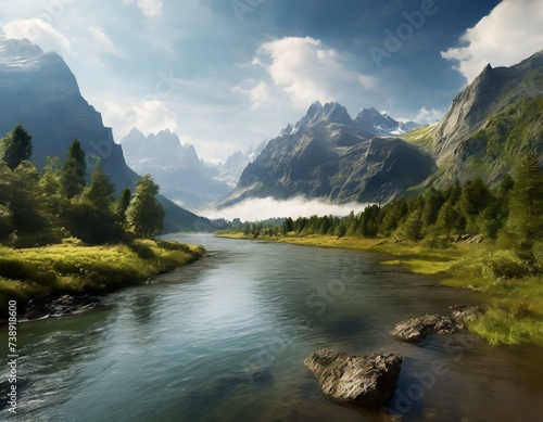 river with mountains in the morning