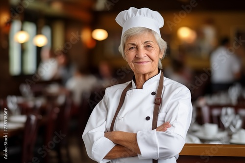 Happy old woman chef standing in a restaurant 