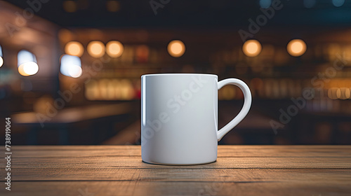 Simple white coffee mug centered on a wooden table  bathed in warm morning sunlight with a blurred background. 