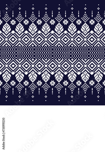Ancient Thai Cloth Pattern Seamless Background - Traditional White on Navy Blue Fabric Design Traditional Thai Fabric Pattern - Seamless Ancient Thailand Textile Design