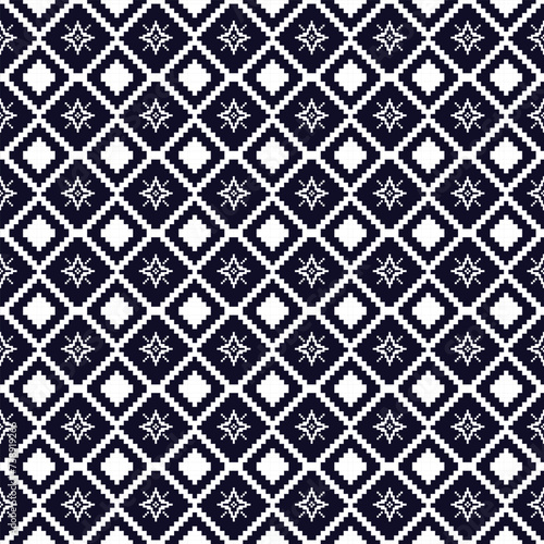 Ancient Thai Cloth Pattern Seamless Background - Traditional White on Navy Blue Fabric Design Traditional Thai Fabric Pattern - Seamless Ancient Thailand Textile Design