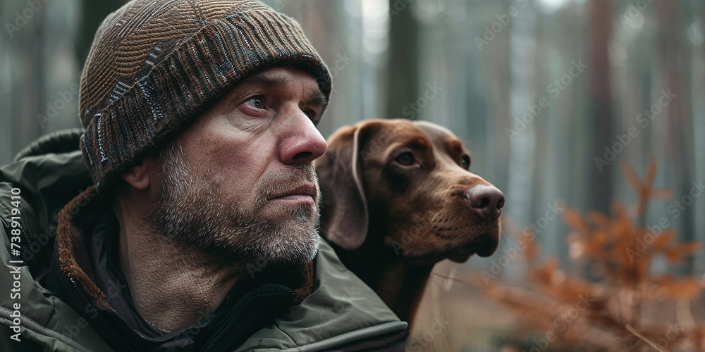Forester with a hunting dog in his forest
