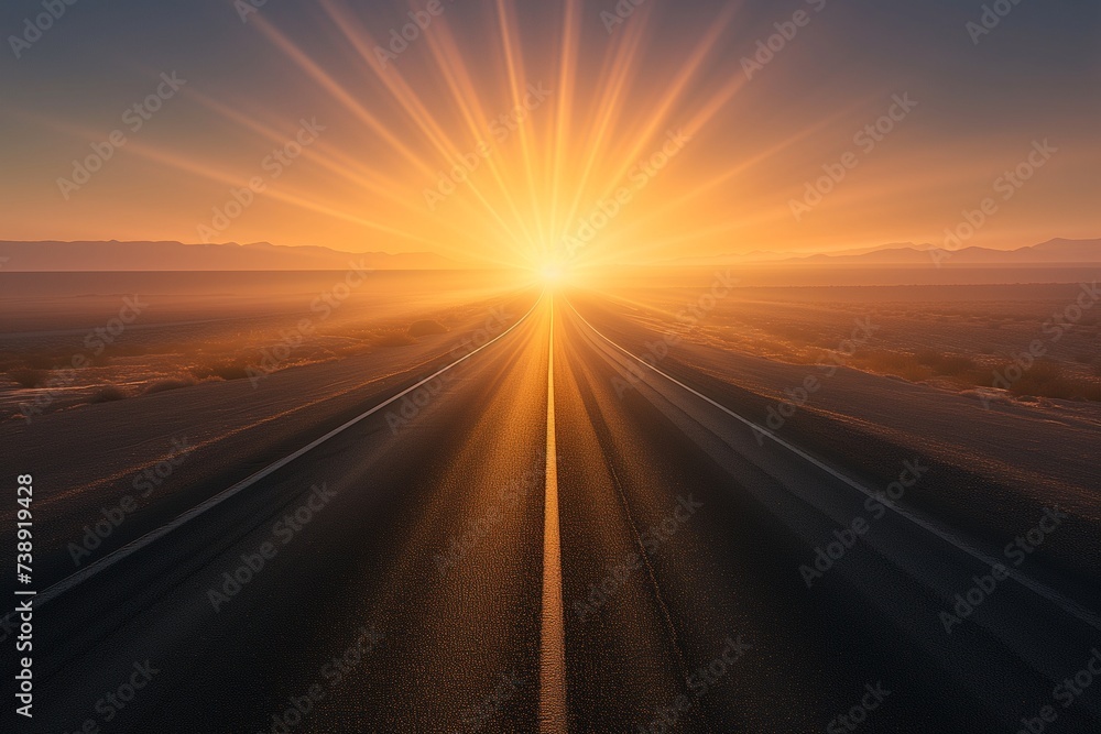 A straight highway in a desert setting, heading towards a sunrise with rays of light piercing through a thin veil of morning mist. 