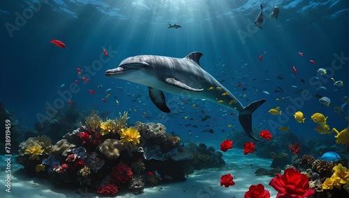 Beautiful dolphin and hearts in the shape of Valentine's Da