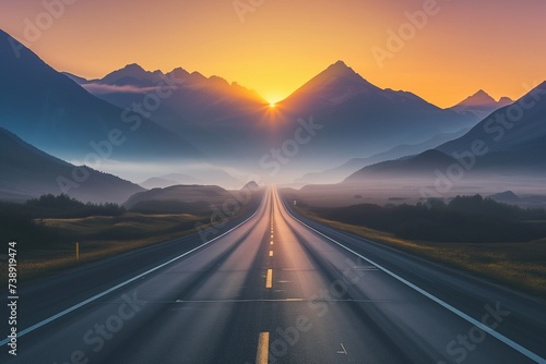A straight highway leading towards a breathtaking sunrise peering over majestic mountains, with early morning mist hovering above the road. The lighting is serene, capturing the sunrise's warm glow. © SardarMuhammad
