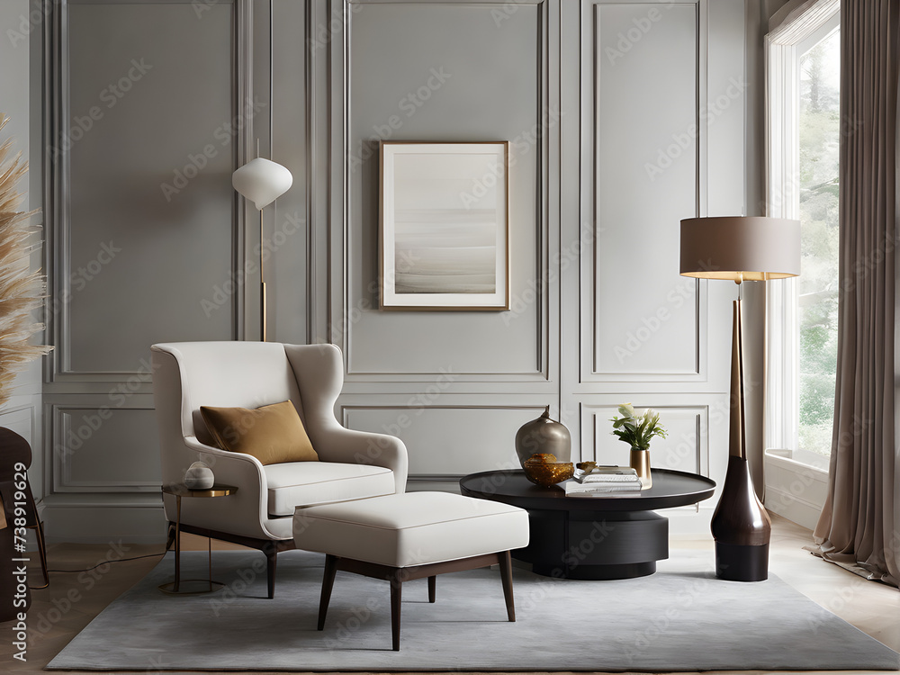 Fototapeta premium Harmonious Living Room Ensemble - Armchair, Coffee Table & Lamp Balance 