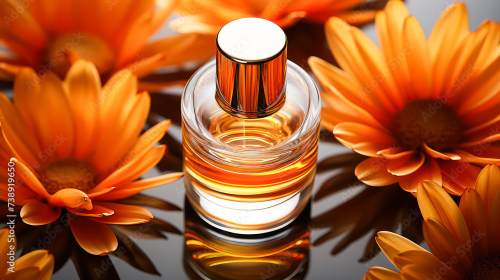 A transparent glass bottle of perfume set against a natural background adorned with flowers, exuding elegance and fragrance. - obrazy, fototapety, plakaty 