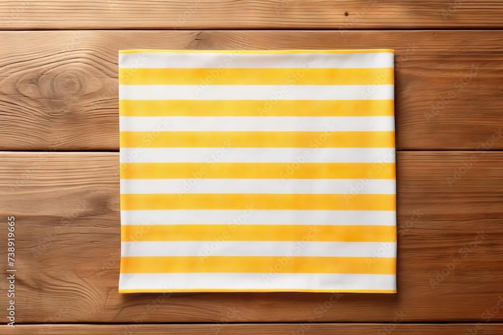 Naklejka premium Kitchen Napkin Mockup, Striped Towel on Wooden Table with Copy Space for Text, Tablecloth Banner,