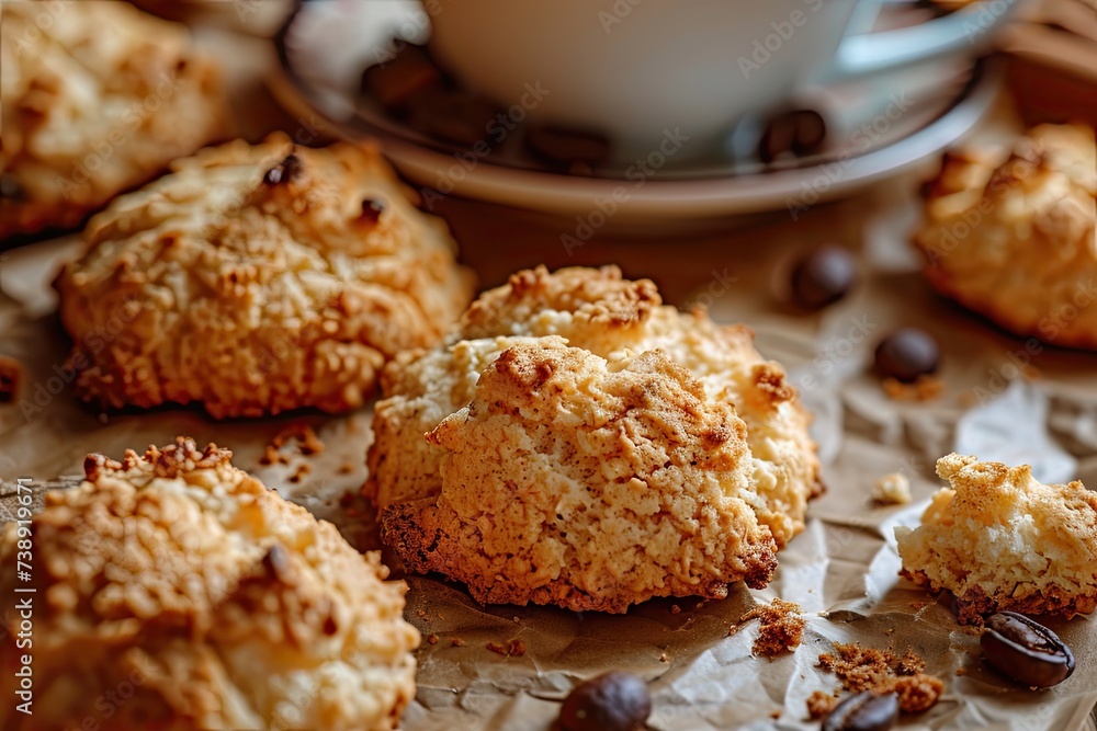 Coconut Cookies, Cocoanut Macaroons with Tea Cup, Biscuits with Coco Chips and Coffee Cup Coconut Cookies, Cocoanut Macaroons with Tea Cup, Biscuits with Coco Chips and Coffee Cup