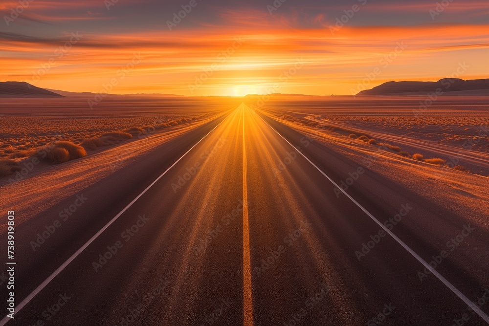 A straight highway slicing through a vast desert, leading towards a magnificent sunrise with vibrant hues of orange and red reflecting on the sandy terrain. The early morning light is crisp