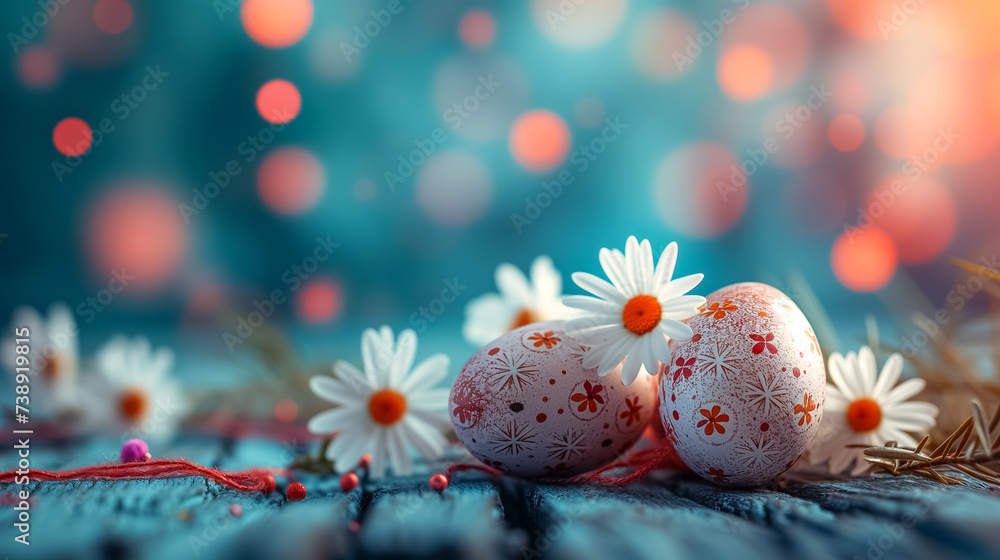 Easter card with pastel colors Easter eggs on wood with flowers on blurred background. free space Easter card with pastel colors Easter eggs on wood with flowers on blurred background. free space