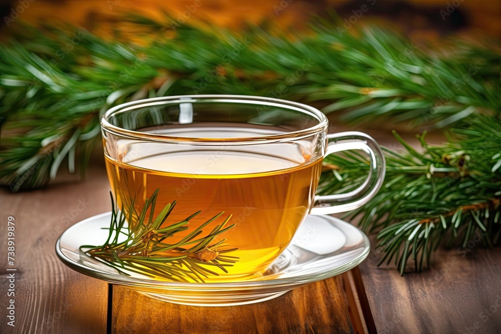 Pine Needles Tea in White Cup, Healthy Winter Beverage in Camping, Pine Tree Needles Tea in Mug Pine Needles Tea in White Cup, Healthy Winter Beverage in Camping, Pine Tree Needles Tea in Mug