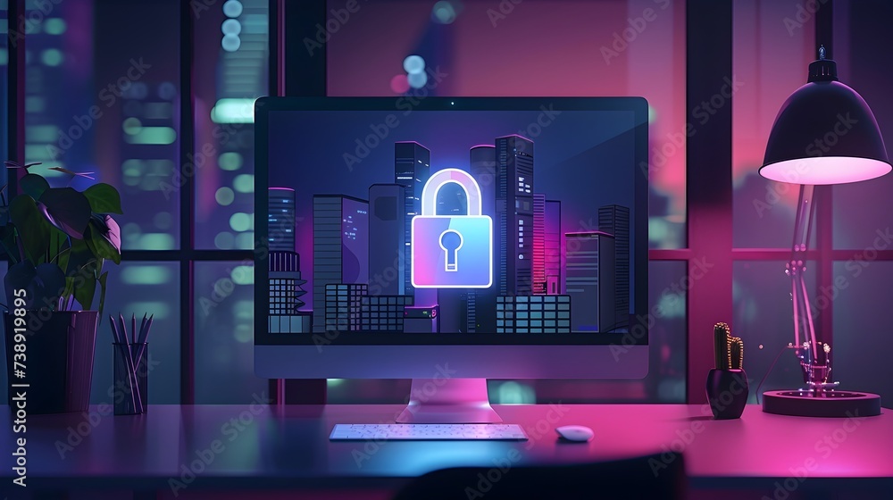 Cybersecurity concept, Computer Screen with Lock Icon in Cityscape Style, internet network secure, protect data and information technology. Cybersecurity concept, Computer Screen with Lock Icon in Cityscape Style, internet network secure, protect data and information technology.