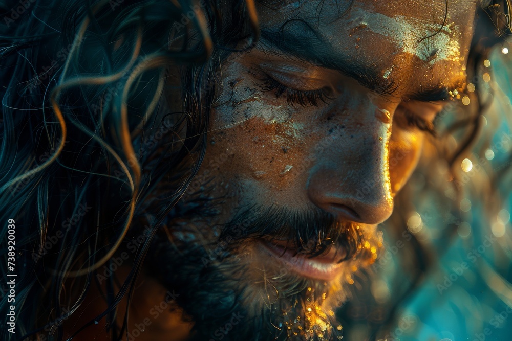 A rugged human face emerges from a sea of wet hair and beard, evoking a sense of wildness and untamed strength