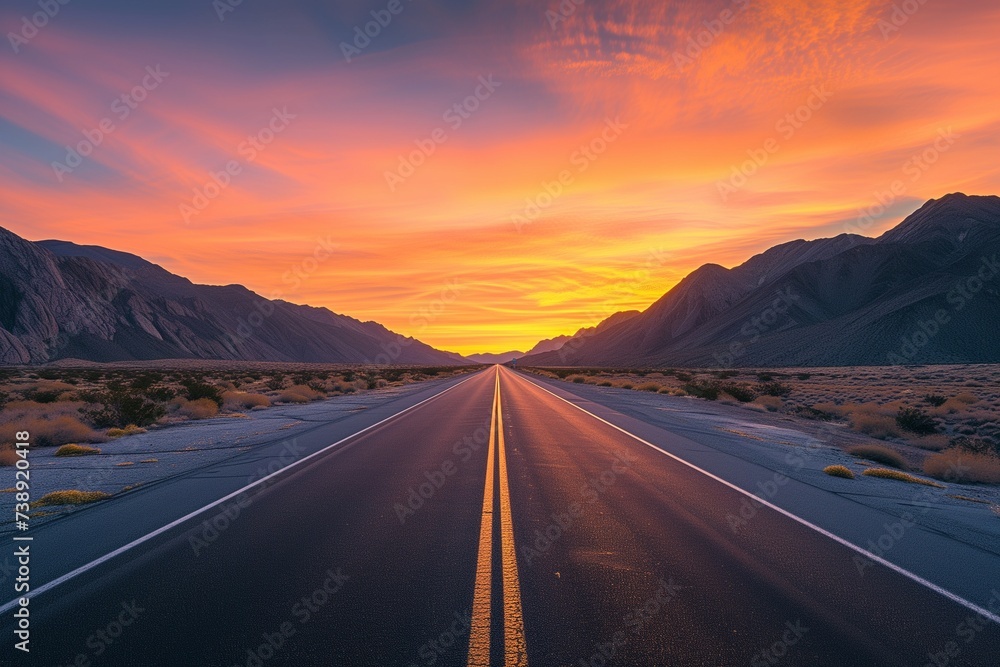 A straight, deserted highway going towards a vibrant sunrise over rugged mountains, with the sky painted in hues of orange and pink.