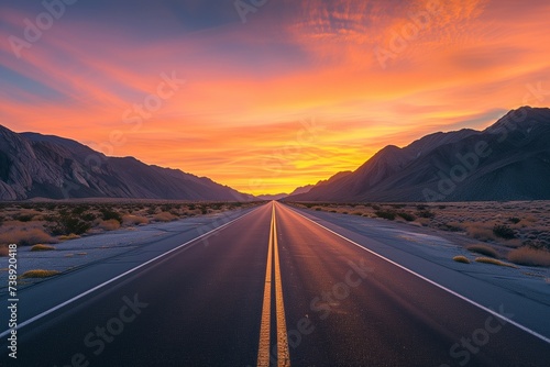 A straight, deserted highway going towards a vibrant sunrise over rugged mountains, with the sky painted in hues of orange and pink. © SardarMuhammad