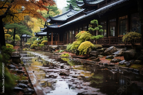 Landscape with Japanese garden, Traditional Japanese oriental architecture next to stream and green plants