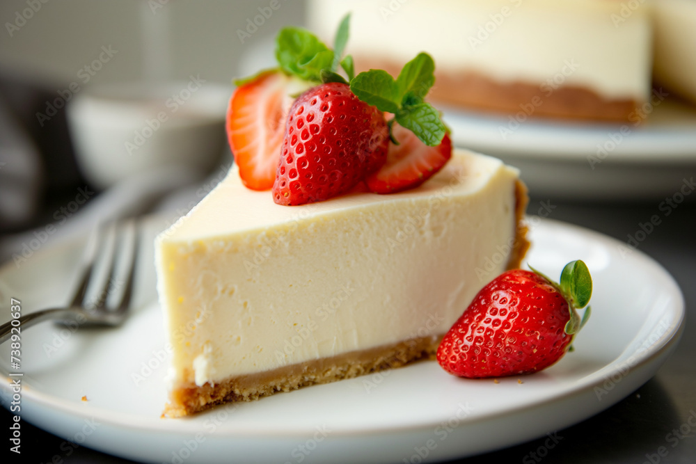 Close-up of a classic New York cheesecake on a plate, rich and creamy texture, garnished with fresh strawberries, inviting and delicious Close-up of a classic New York cheesecake on a plate, rich and creamy texture, garnished with fresh strawberries, inviting and delicious