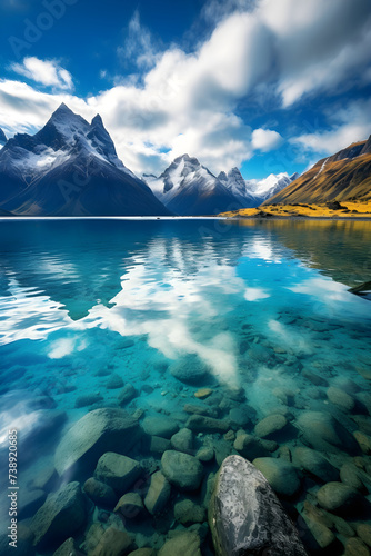 Serene Solitude: Breath Taking Picturesque Scene of Turquoise Fjord Embraced by Snow-Dusted Mountains