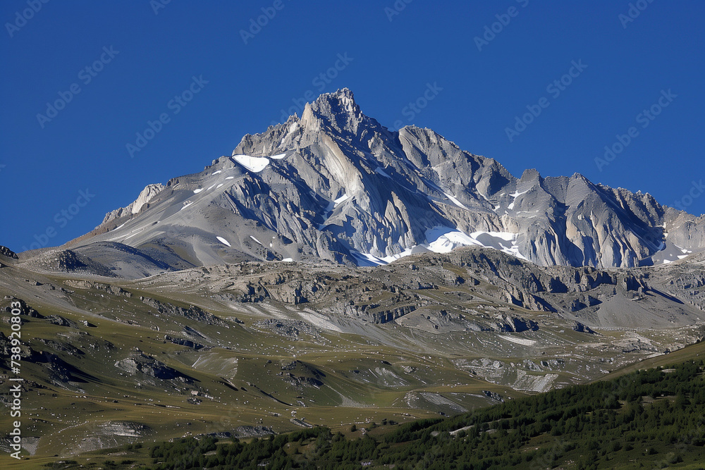 Majestic mountain peak rising sharply against a clear blue sky, rugged texture and grand scale, embodying the power of nature