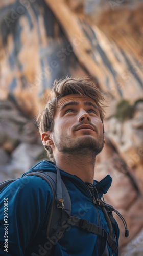 Young man looking up towards the top of a mountain he's climbing, determination and challenge, rugged outdoor setting