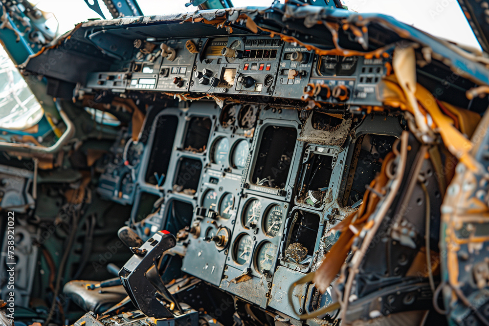 Close-up of a shattered cockpit, remains of the plane scattered around, impact and severity of the crash