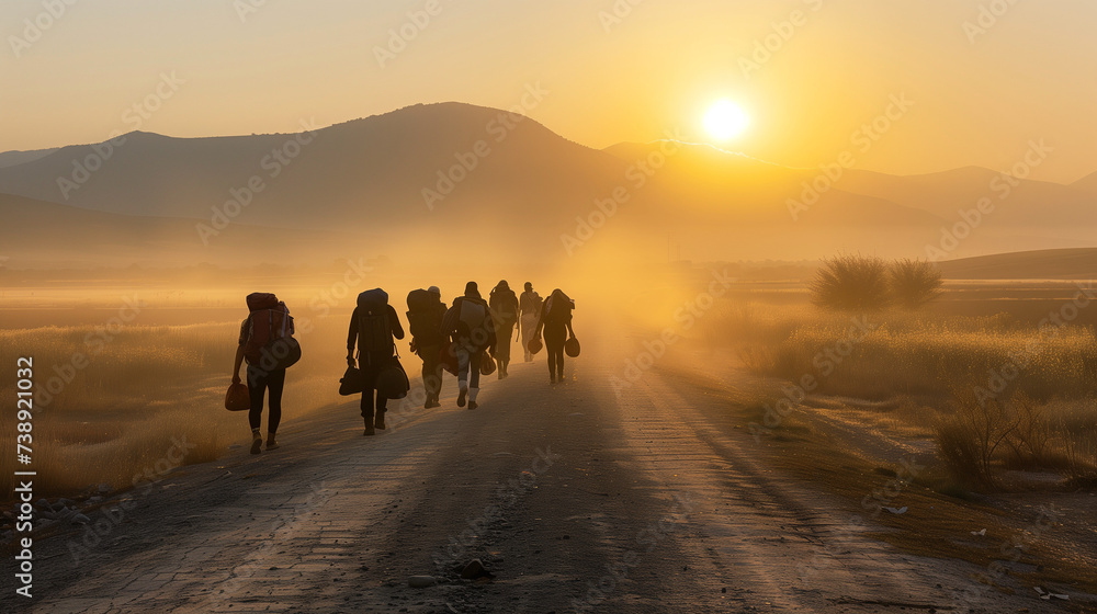 Group of migrants walking along a dusty road at sunrise, carrying belongings, hopeful yet challenging journey, distant mountains
