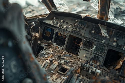 Close-up of a shattered cockpit, remains of the plane scattered around, impact and severity of the crash photo