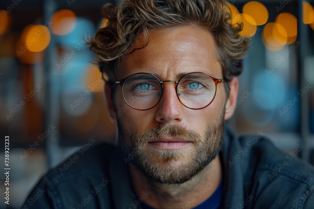 A bespectacled man with piercing blue eyes gazes confidently at the camera, his neatly groomed facial hair adding a touch of sophistication to his portrait