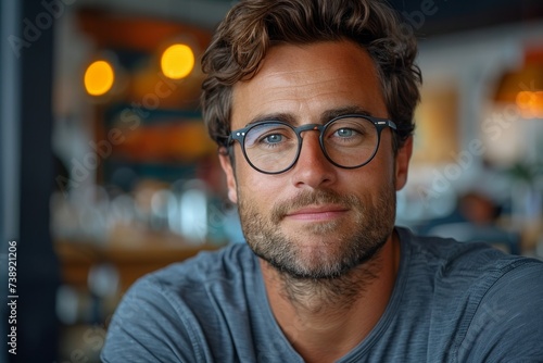 A stylish man with piercing blue eyes and a full beard, donning glasses, exudes confidence and sophistication in his portrait, showcasing his impeccable sense of style and attention to vision care