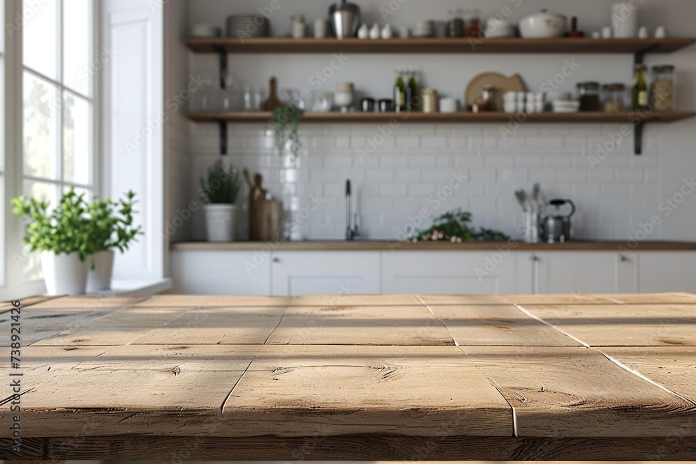 Empty kitchen table top on the background of Scandinavian style kitchen background