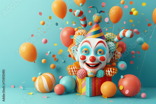 Funny clown on bright background with festive balloons. Banner for April Fools Day photo