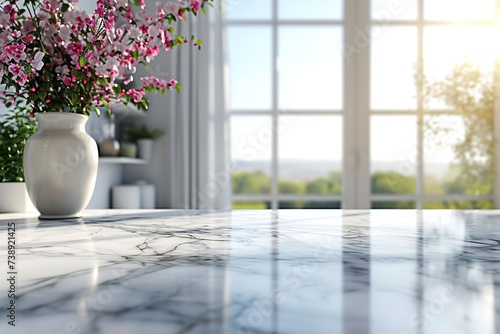Empty marble desk on blurred kitchen window for product presentation. Stylish marble table top with copy space for your design at blurry kitchen.