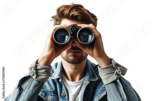 Obraz na płótnie Man look through binoculars isolated on white background, front view w salonie