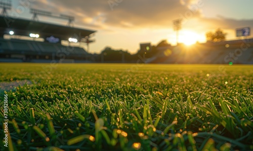 Football or soccer stadium with close up juicy grass baseball field or at golden hour