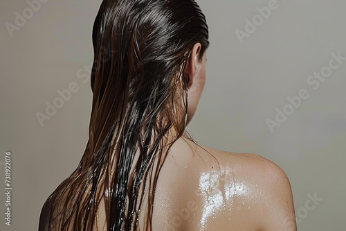 Young woman with long wet hair, rear view