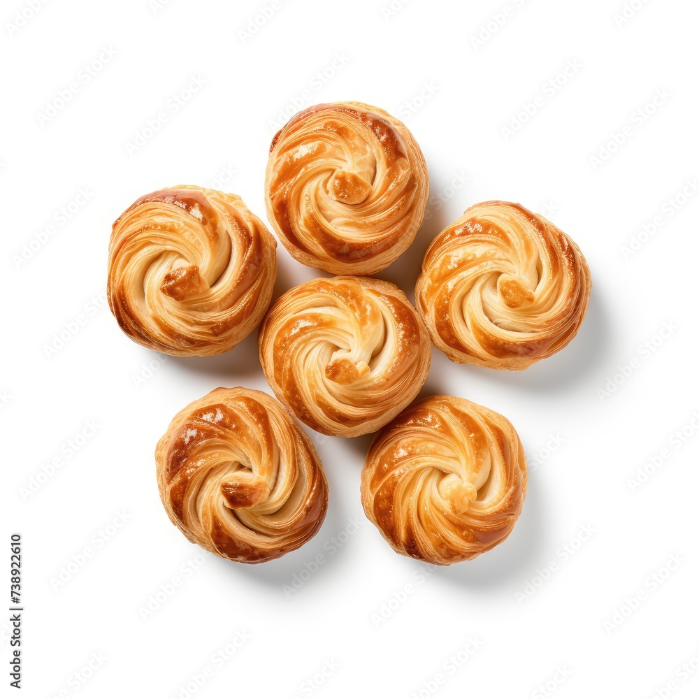 Puff Pastry, Set of Pate Feuilletee Isolated, Sweet Braided Pastries on White Background Top View Puff Pastry, Set of Pate Feuilletee Isolated, Sweet Braided Pastries on White Background Top View