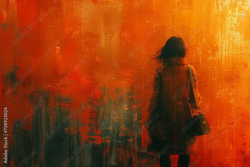 A solitary figure, adorned in vibrant orange clothing, stands in the midst of a rainy cityscape, her graceful movements captured in a mesmerizing abstract painting