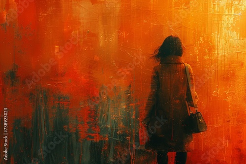 A solitary figure  adorned in vibrant orange clothing  stands in the midst of a rainy cityscape  her graceful movements captured in a mesmerizing abstract painting