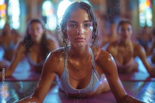 A diverse group of determined women in fashionable workout gear gracefully perform planks, their faces reflecting strength and focus as they dance indoors