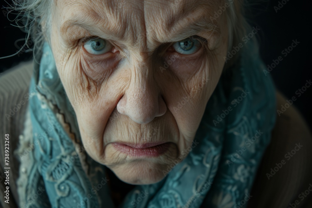 Elderly woman with grim expression on dark background Elderly woman with grim expression on dark background