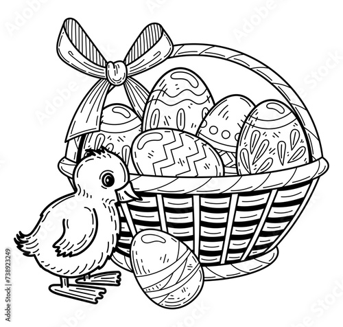 Easter coloring book basket eggs and little duckling sketch. Hand drawn vector illustration.