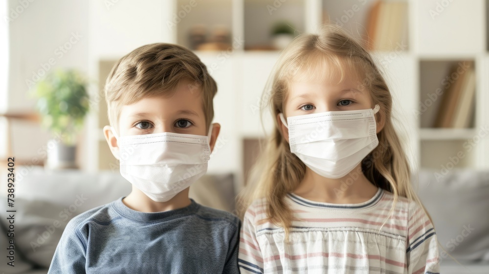Two Kids with White Medical Masks in a Bright Room, Sharing a Moment Together