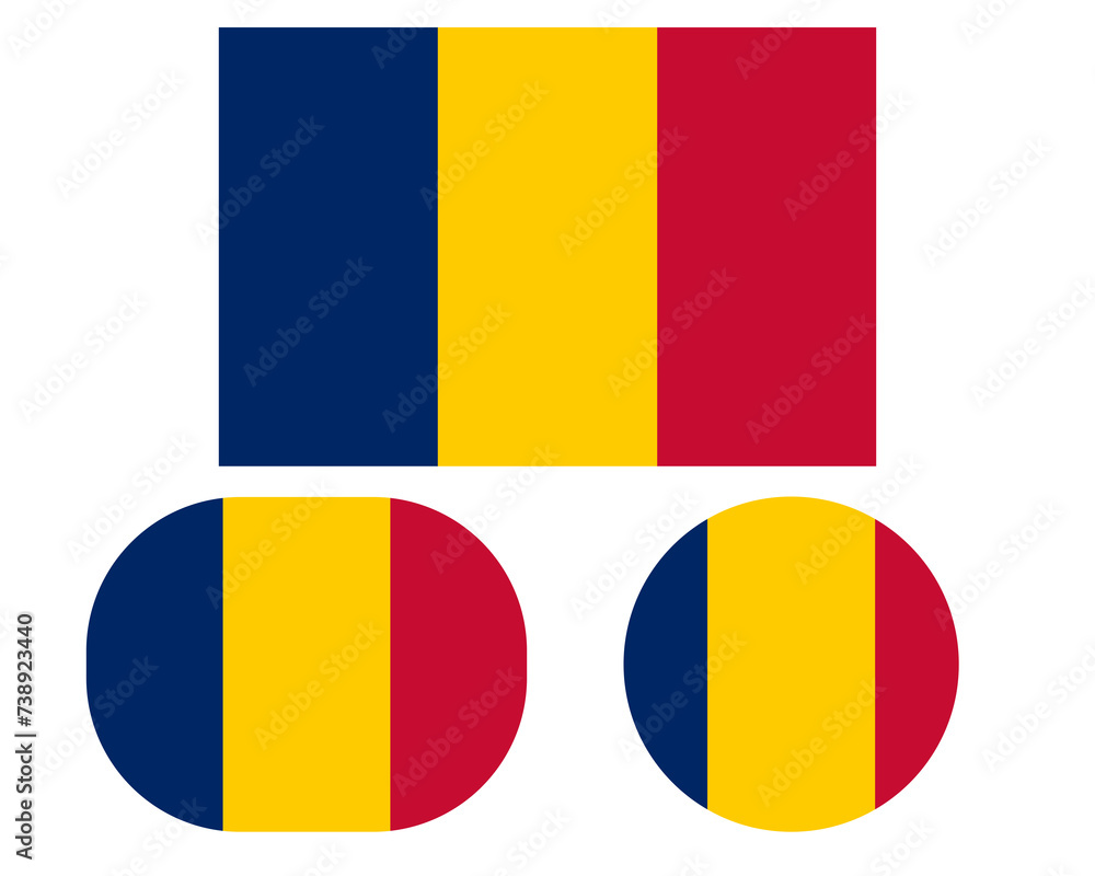 Fototapeta premium Flag in rectangle oval and circle, isolated png background. Flag of Chad