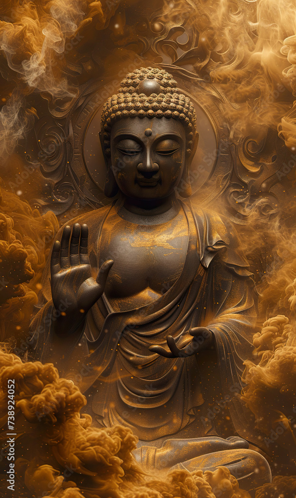 golden buddha statue in fire, buddhism religion concept, portrait of buddha in flame