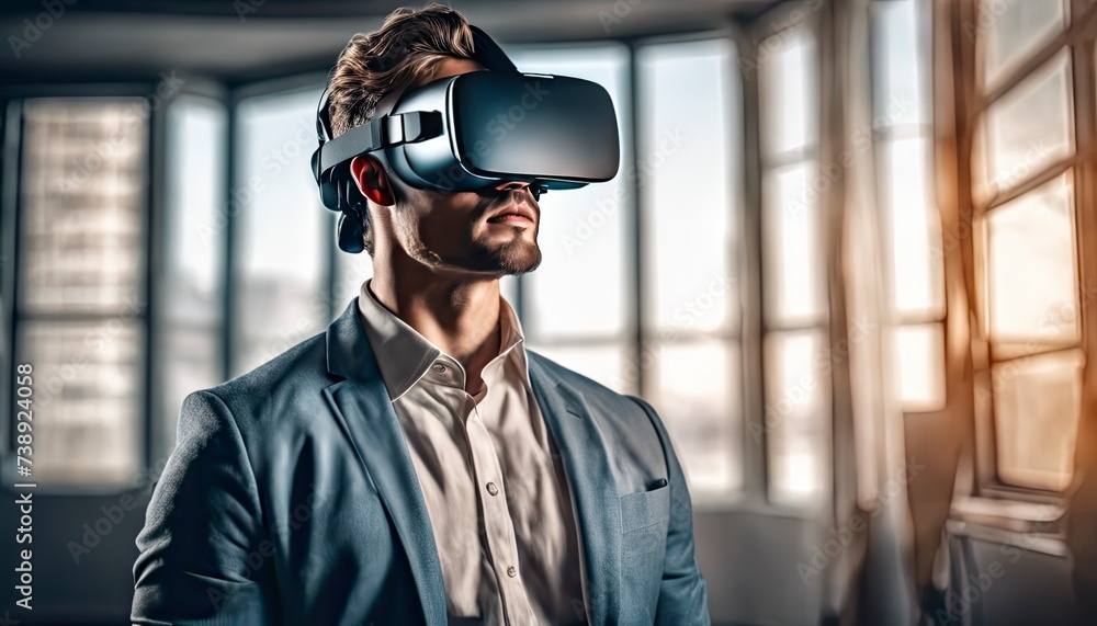 person with VR glasses, portrait of a person with VR glass, person playing game with VR glass, person doing work with VR glass - obrazy, fototapety, plakaty 
