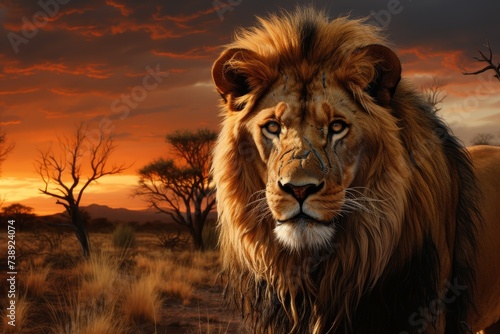 This captivating image displays the regal lion in the warm African sunset. Its golden mane and powerful presence create a striking impression, perfect for any setting. © Dipsky